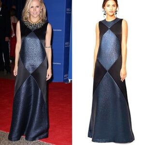 RARE Tory Burch Holloway Metallic Blue & Black Satin Maxi Dress Evening Gown - 6